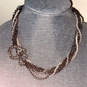 Vintage NY&Co 10 Strand Chain Faux Pearls & Rhinestoned Cabochon Necklace